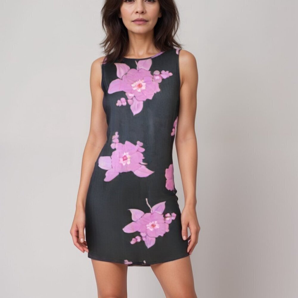 Francesca Caretti Sleeveless‎ Midi Dress in Dark Gray Purple Flowers in Size 10…